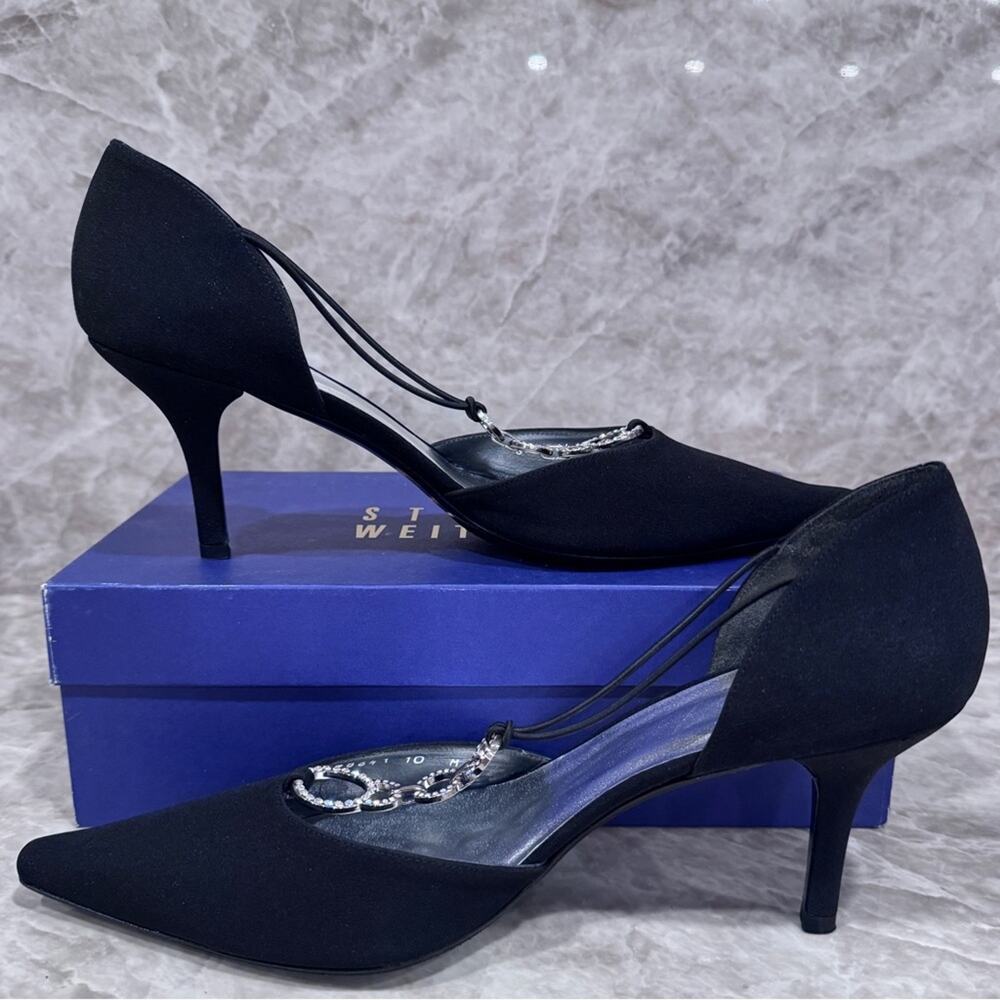 NWT Stuart Weitzman Black Dorsey Heels with crystal embellished T-strap - Picture 3 of 11